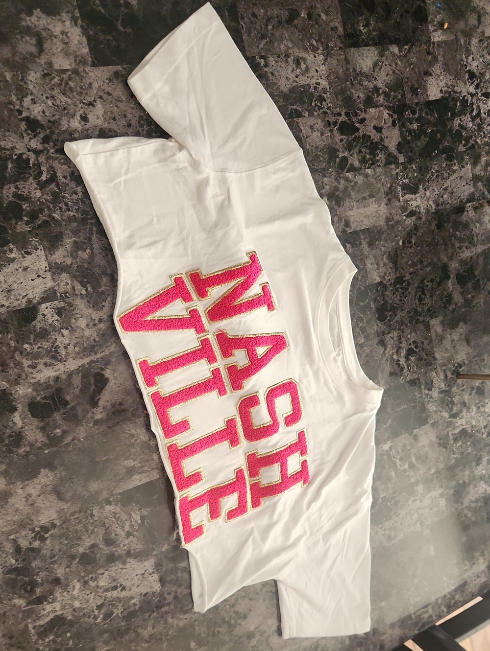 White Crop Top with Pink 'NASHVILLE' Embroidery